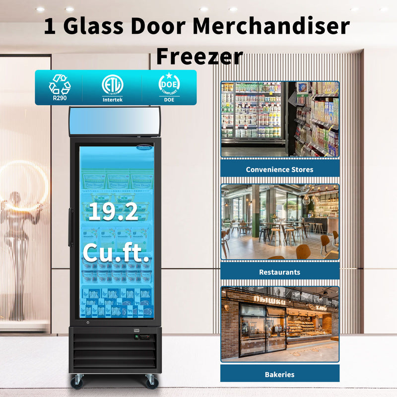 Glass Door Merchandiser Freezer Swing Door Commercial Reach-In Display Freezers With LED Top Panel Upright Freeze Storage