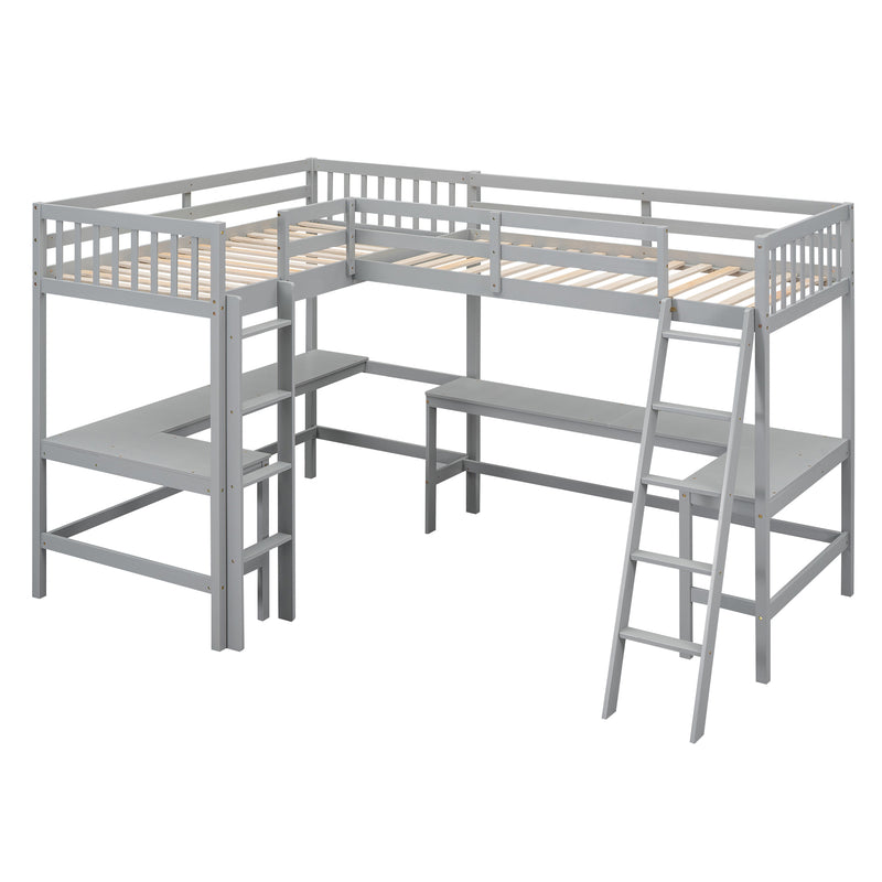 Wood Twin Size L-Shaped Loft Bed with Ladder and 2 Built-in L-Shaped Desks, Gray