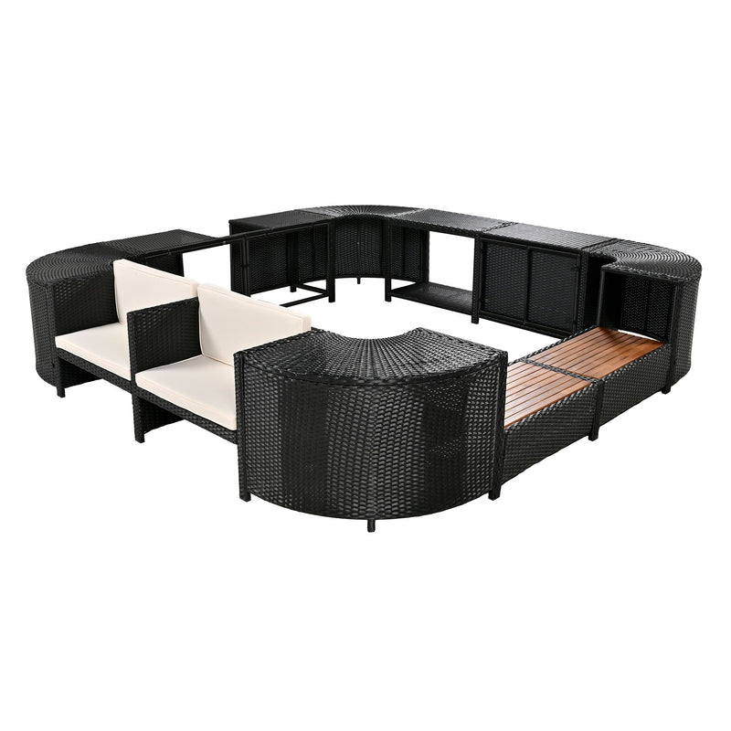 Spa Surround Spa Frame Quadrilateral Outdoor Rattan Sectional Sofa Set With Mini Sofa, Wooden Seats And Storage Spaces