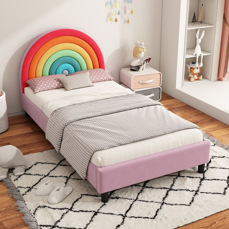 Rainbow Design Upholstered Twin Platform Bed Cute Style Princess Bed For Boys & Girls, Teens - Colorful / Pink