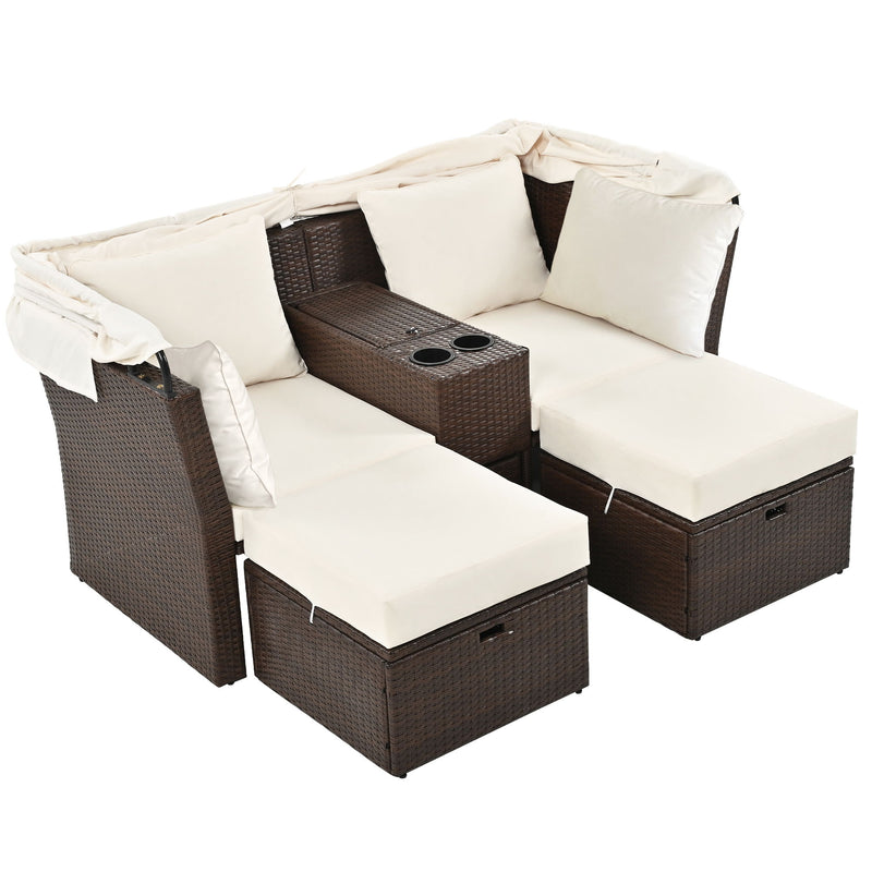 2 Seater Outdoor Patio Daybed Outdoor Double Daybed Outdoor Loveseat Sofa Set With Foldable Awning And Cushions For Garden, Balcony, Poolside