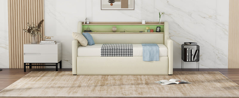 Twin Size Daybed with Hydraulic Storage, Upholstered Daybed with Lift Up Storage, Twin Leather Daybed with Charging Station and LED Lights,Beige