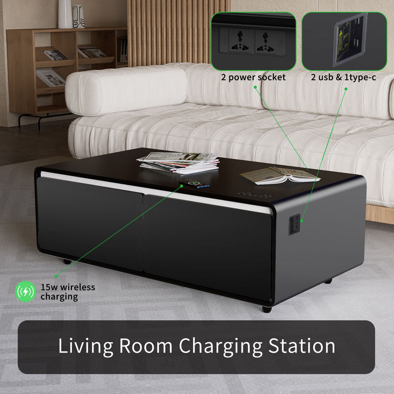 Modern Smart Coffee Table With Built-In Fridge, Bluetooth Speaker, Wireless Charging Module, Touch Control Panel, Power Socket, USB Interface, Outlet Protection, Atmosphere Light