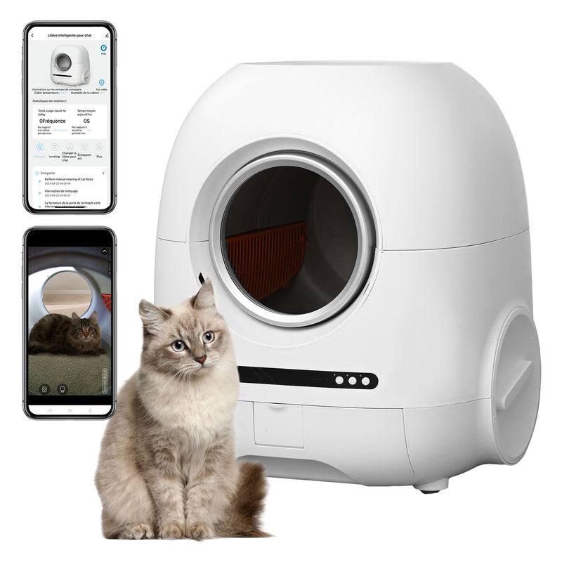 Self-Cleaning Cat Litter Box, 68L+9L, Suitable For A Variety Of Cat Litter, App Control, Real-Time Video, Photo And Video, Safe And Reliable, Ionic Deodorization, With Exhaust Hose, Support Wifi - White