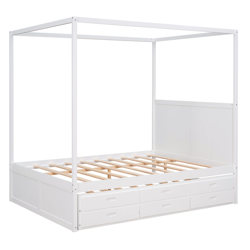 Queen Size Canopy Platform Bed with Twin Size Trundle and Three Storage Drawers,White