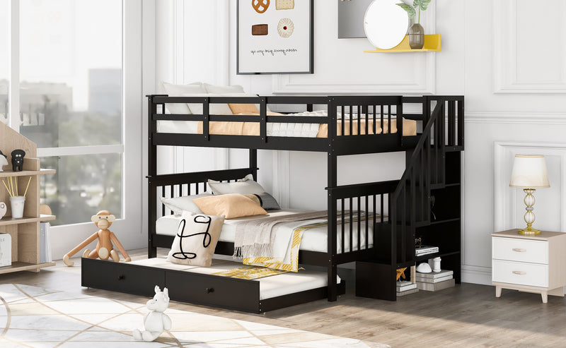 Stairway Full-Over-Full Bunk Bed with Twin size Trundle, Storage and Guard Rail for Bedroom, Dorm - Espresso(OLD SKU :LP001210AAP)