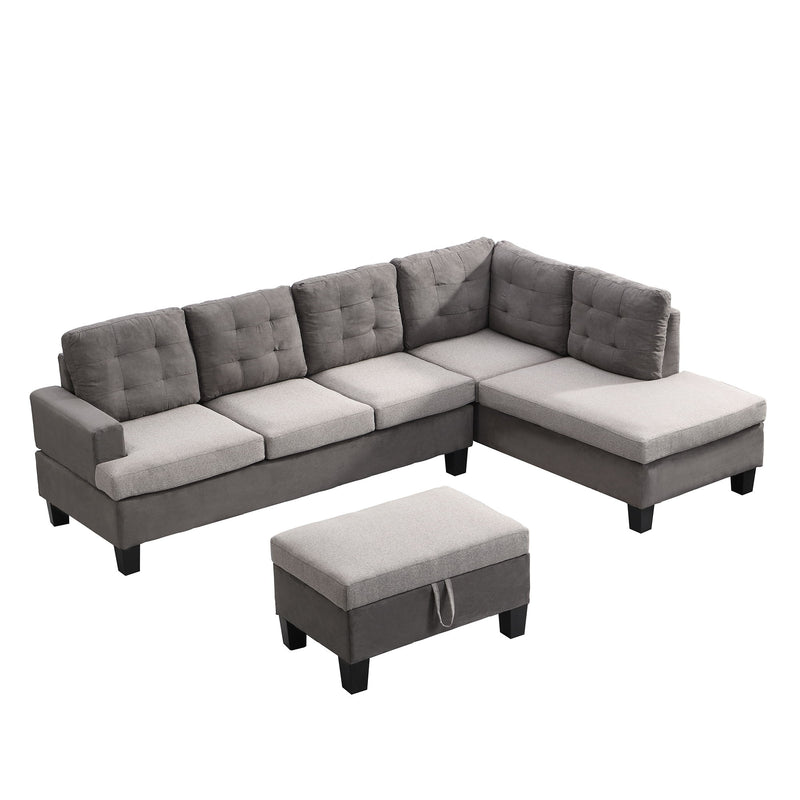 Sofa Set For Living Room With Chaise Lounge And Storage Ottoman, Living Room Furniture - Gray