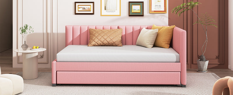 Upholstered Daybed with Trundle Twin Size Sofa Bed Frame No Box Spring Needed, Linen Fabric(Pink)