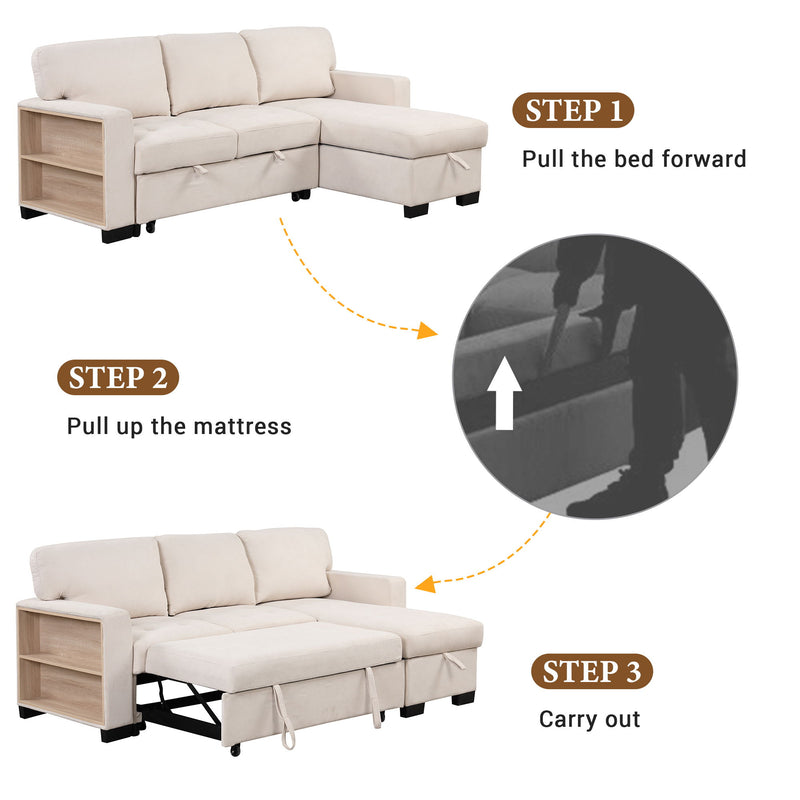 Stylish And Functional Light Chaise Lounge Sectional With Storage Rack Pull-Out Bed Drop Down Table And USB Charger