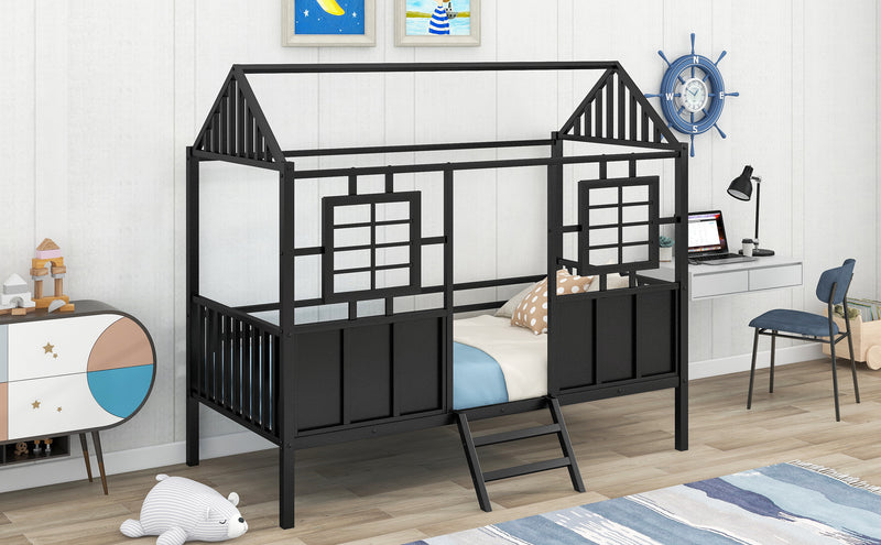 Twin Size Metal Low Loft House Bed with Roof and Two Front Windows , Black