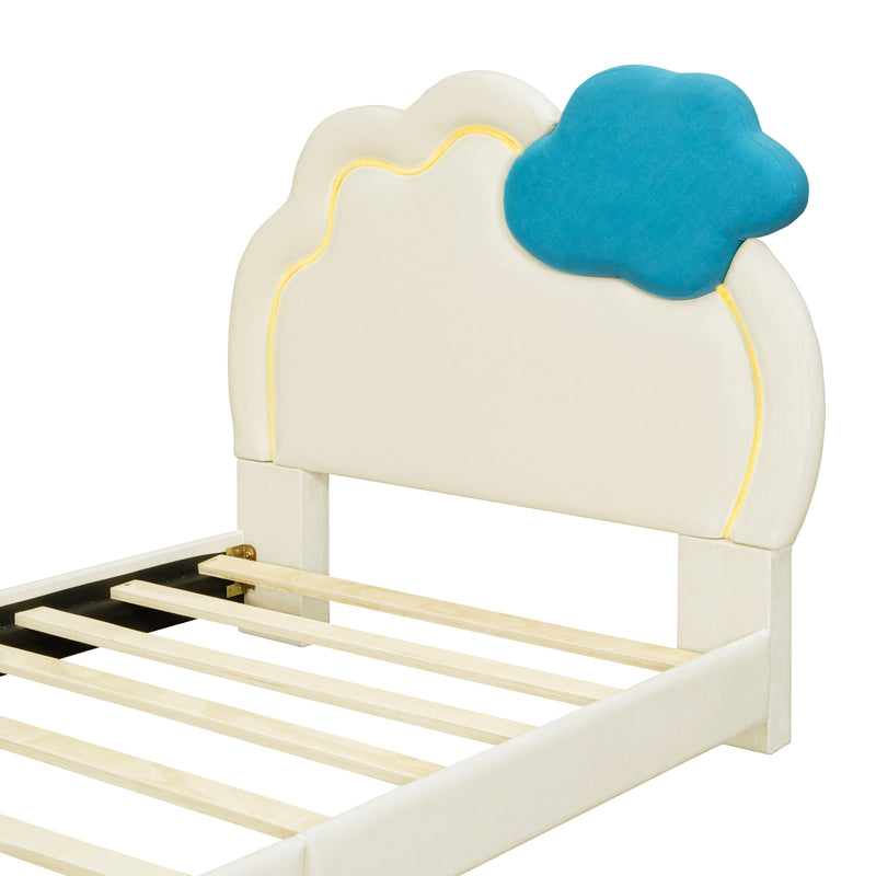 Twin Size Upholstered Platform Bed with Cloud-Shaped Headboard and Embedded Light Stripe, Velvet, Beige