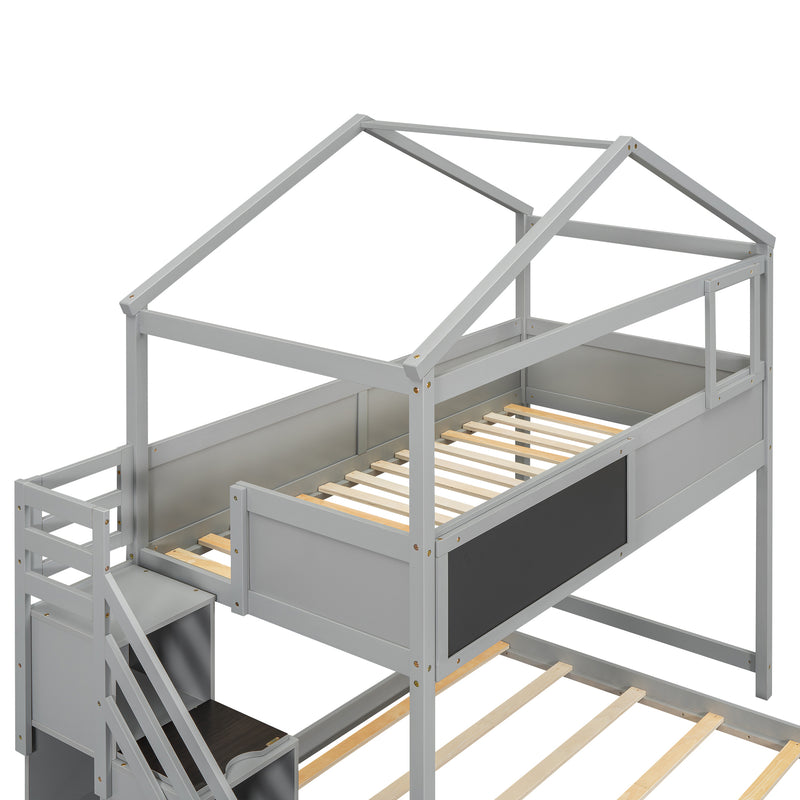 Twin over Full House Bunk Bed with Storage Staircase and Blackboard,Gray(Old SKU: GX001701AAE)