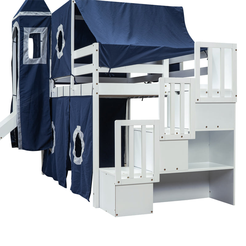 Twin Size Loft Bed with Tent and Tower - Blue