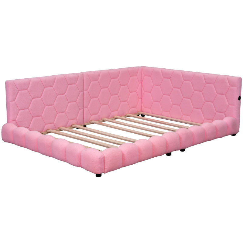 Upholstered Full Size platform bed with USB Ports and LED belt, Pink