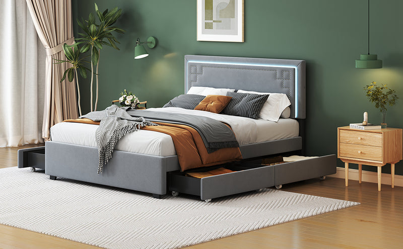 Queen Size Upholstered Platform Bed with Rivet-decorated Headboard, LED bed frame and 4 Drawers, Gray