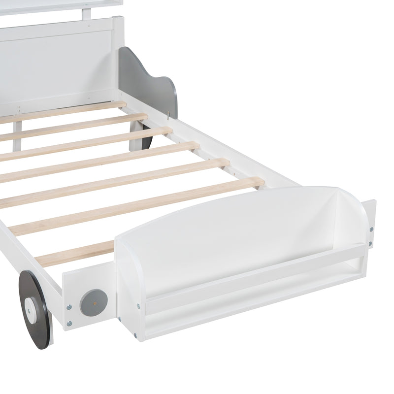 Twin Size Car-Shaped Platform Bed,Twin Bed with Storage Shelf for Bedroom,White