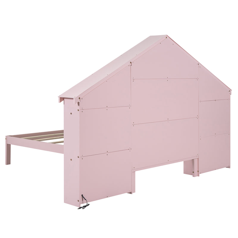 Wood Twin Size Platform Bed with House-shaped Storage Headboard and Built-in LED, Pink