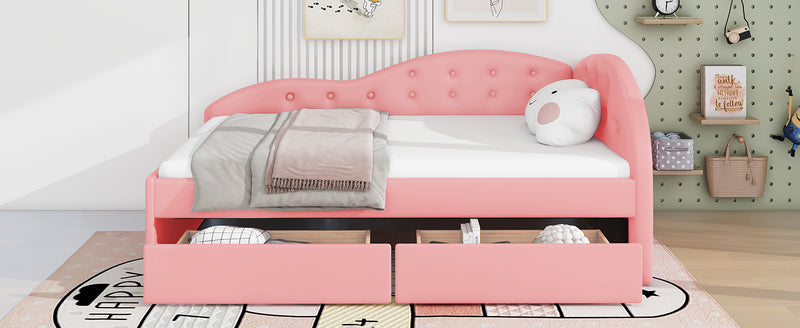 Twin Size PU Upholstered Tufted Daybed with Two Drawers and Cloud Shaped Guardrail, Pink