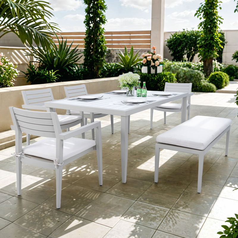 6 Piece Dining Set Modern Outdoor Patio Furniture, Including 4 Dining Chairs & 1 Dining Bench Sunbrella Fabric Cushioned And Two-Tone Rectangle Table With Umbrella Hole - Matte White / Grayish