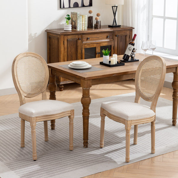 French Style Solid Wood Frame Antique Painting Linen Fabric Rattan Back Dining Chair (Set of 2)