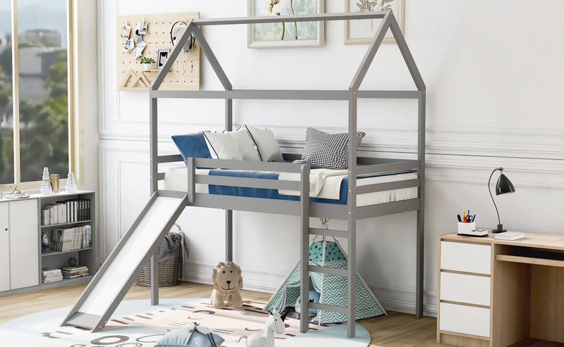 Twin Loft Bed with Slide, House Bed with Slide,Gray(OLD SKU :WF286245AAE)