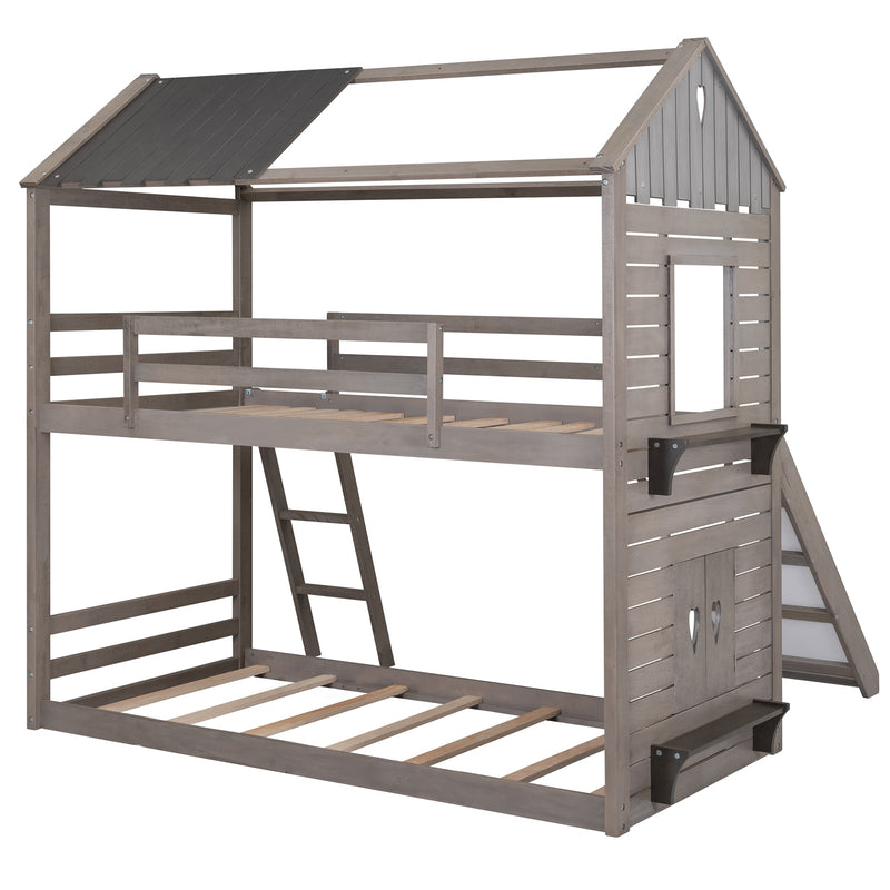 Twin Over Twin Bunk Bed Wood Bed with Roof, Window, Slide, Ladder ,Antique Gray(OLD SKU:LP000059AAE)