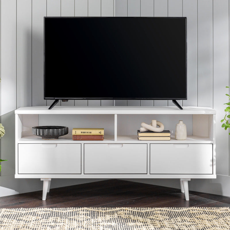 Mid-Century Modern Minimalist 3 Drawer Corner TV Stand For TVs Up To 58