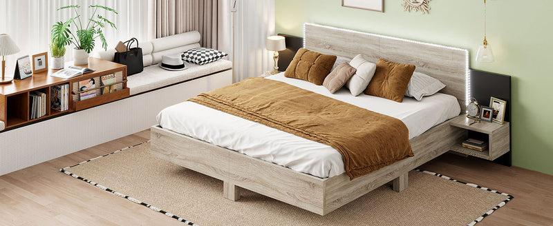 Floating Platform Bed, With LED Lights, Bedside Nightstand