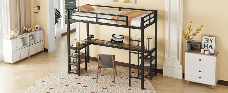 Twin XL Metal Loft Bed with Desk and Shelves, Loft Bed with Ladder and Guardrails, Loft Bed Frame for Bedroom, Black