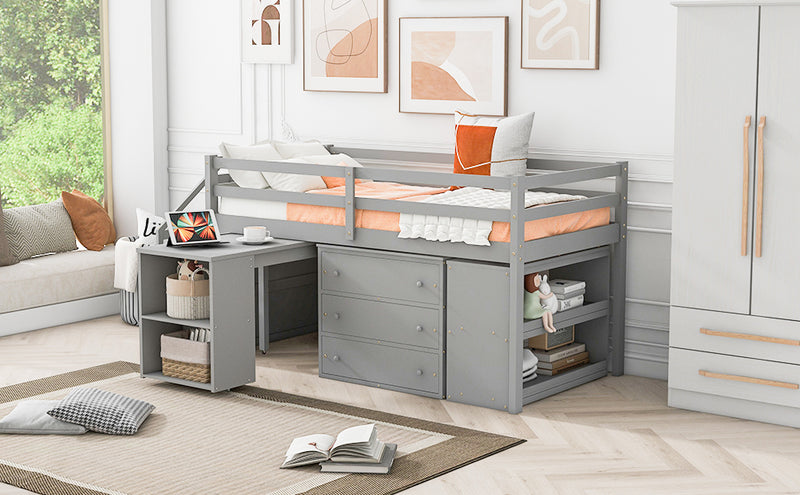 Twin Size Loft Bed with Retractable Writing Desk and 3 Drawers, Wooden Loft Bed with Storage Stairs and Shelves, Gray