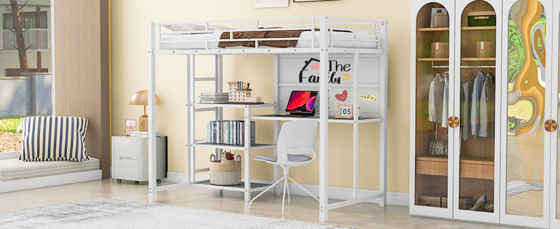 Loft Bed With Desk And Whiteboard, Metal Loft Bed With 3 Shelves And Ladder