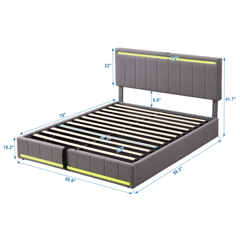 Queen Size Upholstered Platform Bed with Hydraulic Storage System, LED Light, and a set of USB Ports and Sockets, Linen Fabric, Gray