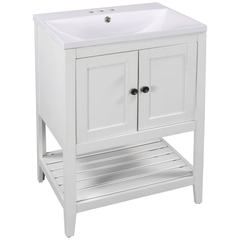 Modern Sleek Bathroom Vanity Elegant Ceramic Sink With Solid Wood Frame Open Style Shelf - White