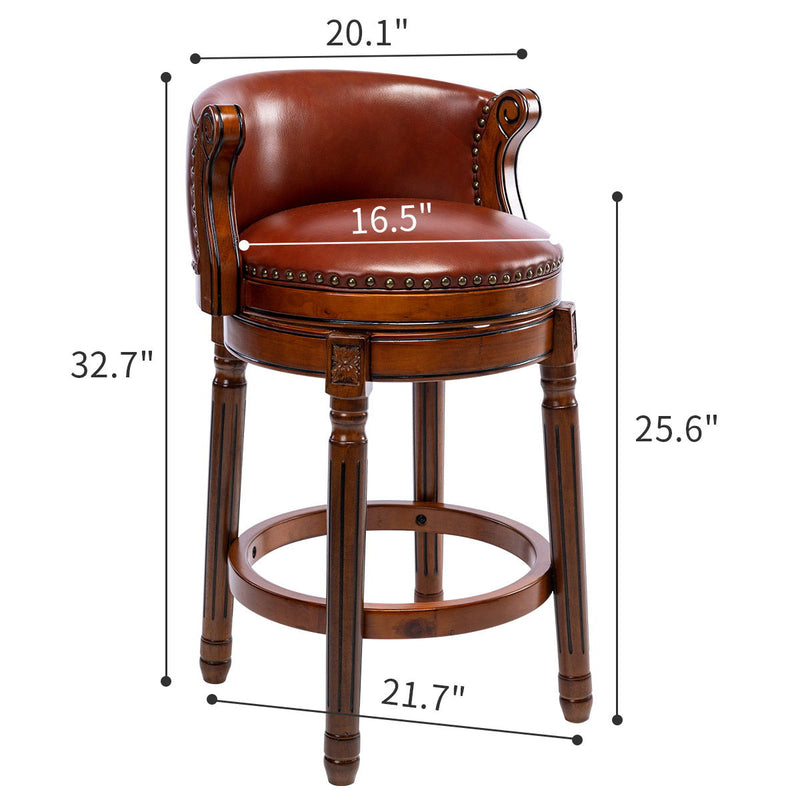 Seat Height 26'' Cow Top Leather Wooden Bar Stool, 360 Degree Swivel Bar Height Chair With Backs For Home Kitchen Counter