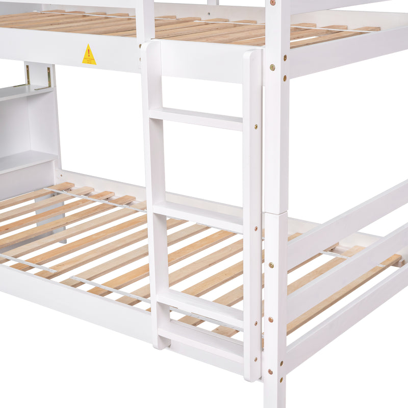 Twin Over Twin Bunk Beds with Bookcase Headboard, Solid Wood Bed Frame with Safety Rail and Ladder, Kids/Teens Bedroom, Guest Room Furniture, Can Be converted into 2 Beds, White