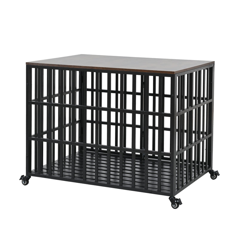 Heavy Duty Dog Crate For Large Medium Dogs, Furniture Style Cage With 4 Lockable Wheels And 2 Locks, Decorative Pet House Wooden Cage Kennel Furniture Indoor - Black