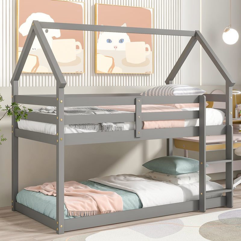 Twin over Twin Loft Bed with Roof Design, Safety Guardrail, Ladder, Grey