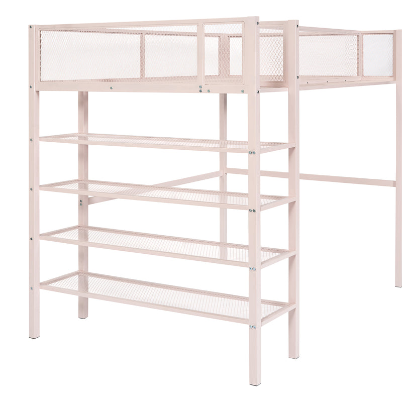 Twin Size Metal Loft Bed with 4-Tier Shelves and Storage, Pink