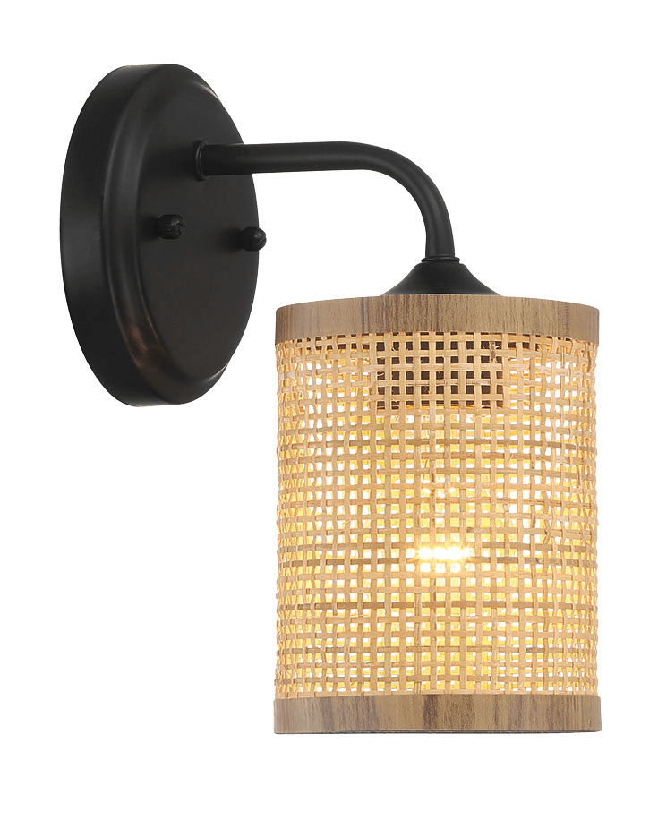 Reef - Single Lights Wall Sconce With Natural Shade Rustic Wicker Wall Light - Black / Rattan