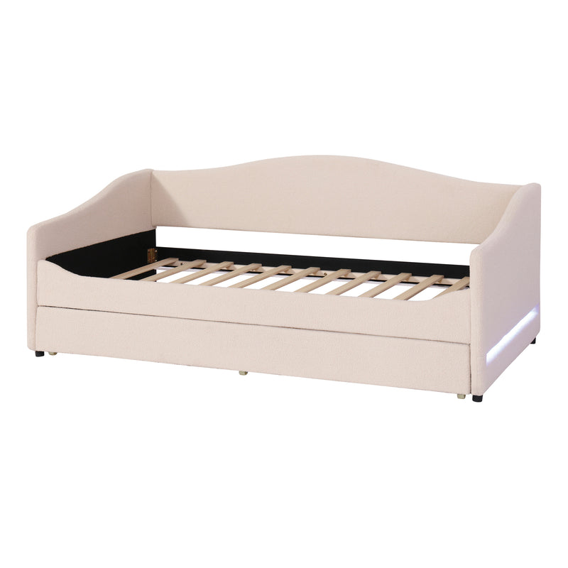 Teddy Fleece Twin Size Upholstered Daybed with Light and Trundle, Beige