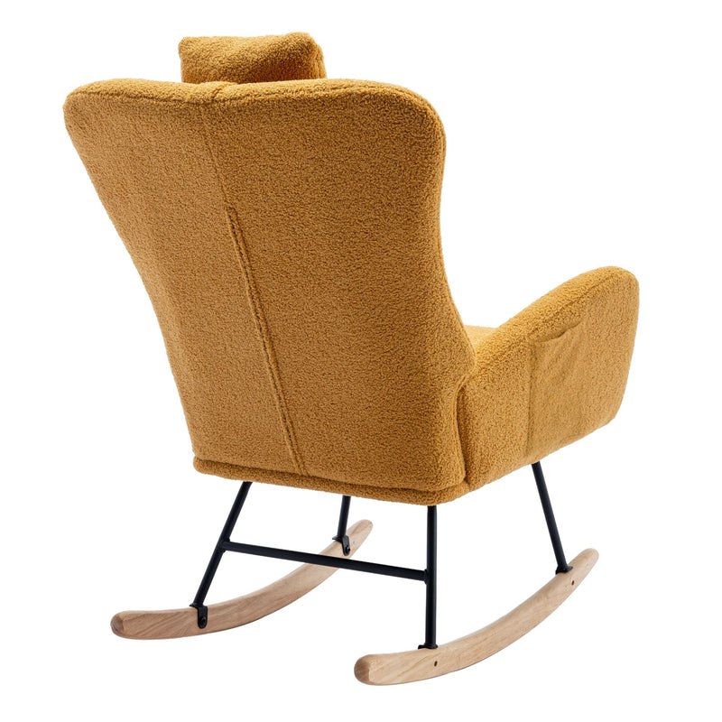 35.5" Rocking Chair With Pocket, Soft Teddy Fabric Rocking Chair For Nursery, Comfy Wingback Glider Rocker With Safe Solid Wood Base For Living Room Bedroom Balcony - Turmeric