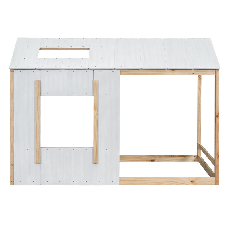 Twin Size House Platform with Roof and Window , White+Natural