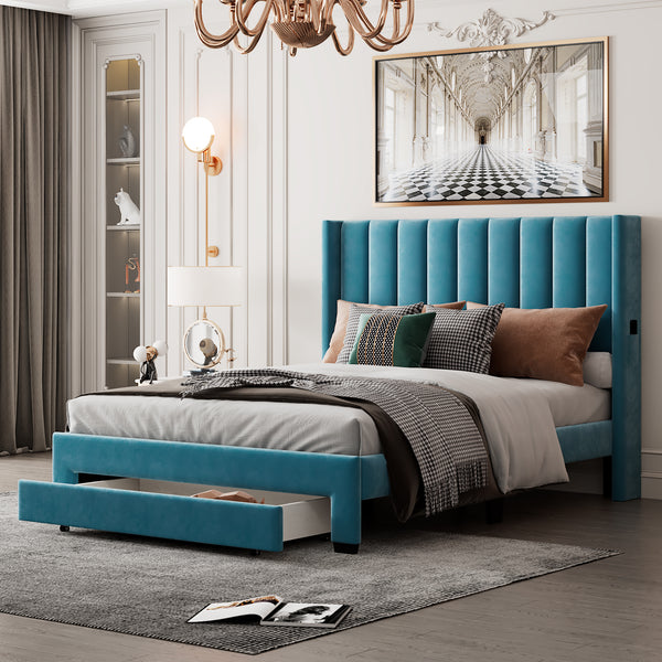 Queen Size Storage Bed Velvet Upholstered Platform Bed with a Big Drawer - Blue