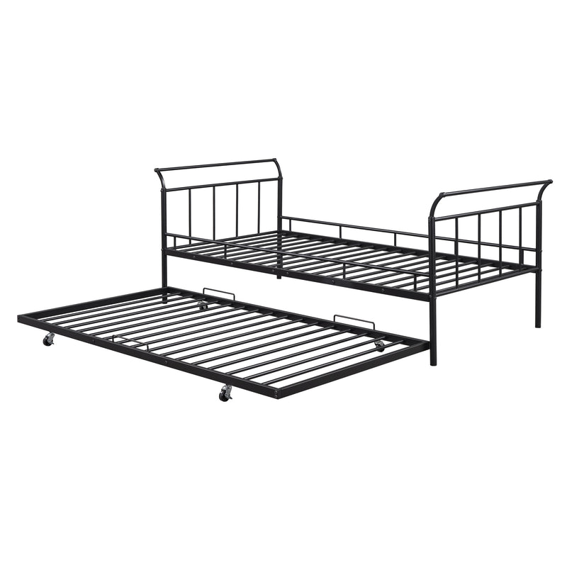 Twin Size Metal Daybed with Curved Handle Design and Twin Size Trundle, Black