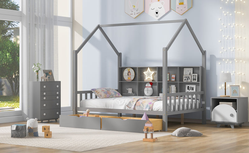 Wooden Full Size House Bed with 2 Drawers,Kids Bed with Storage Shelf, Gray(Expected Arrival Time: 5.15)