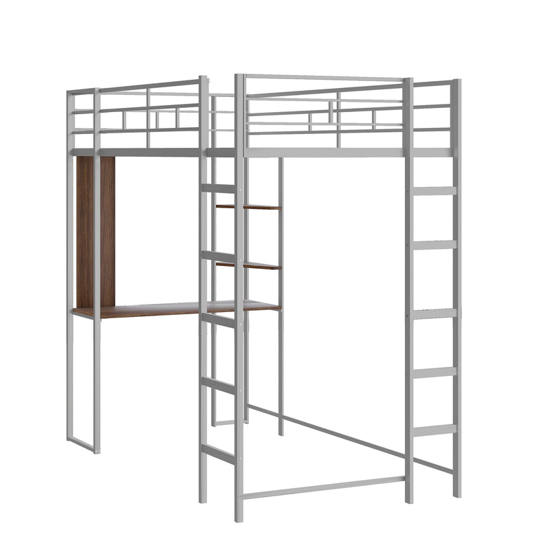 Twin Metal Loft Bed with 2 Shelves and one Desk ,Silver(Old SKU: MF281206AAN)