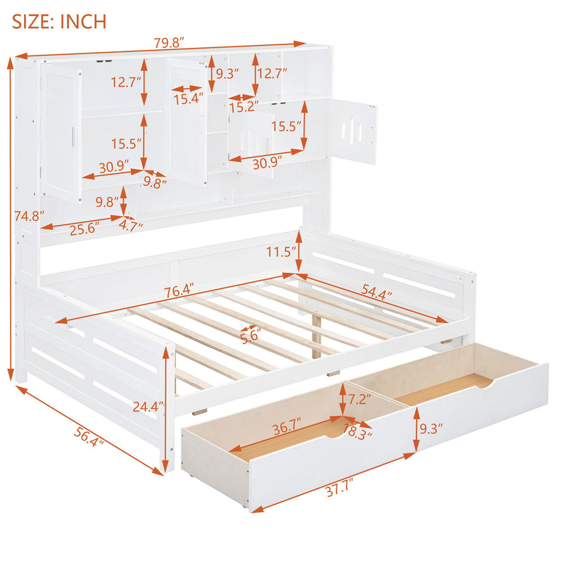 Wooden Daybed With 2 Drawers, And All-In-One Cabinet And Shelf