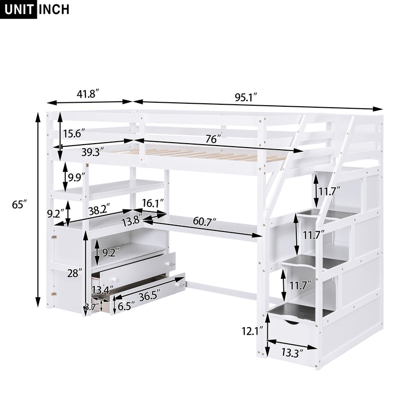 Twin Size Loft Bed with Desk and Shelves, Two Built-in Drawers, Storage Staircase, White