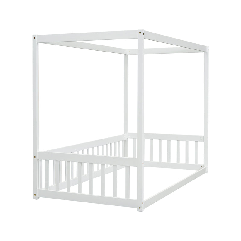 Canopy Frame Floor Bed With Fence, Guardrails