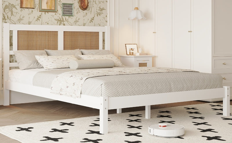 Queen Size Wood Platform Bed with Natural Rattan Headboard,Exquisite Elegance with Minimalist Charm for Bedroom,White